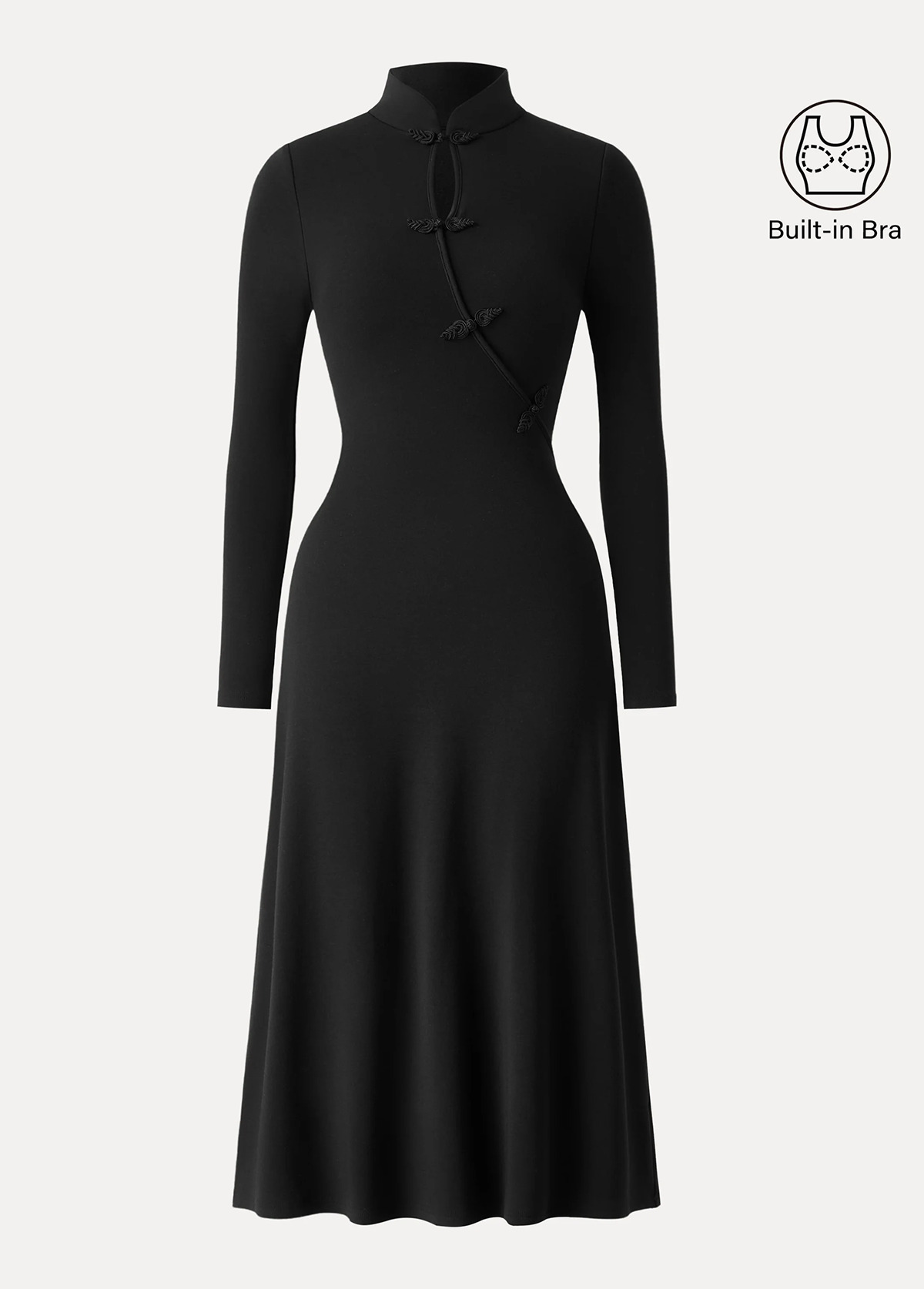 Waisted Slimming Standout Mandarin Collar Frog Button Midi Brami Dress