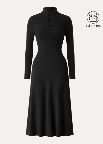 Waisted Slimming Standout Mandarin Collar Frog Button Midi Brami Dress