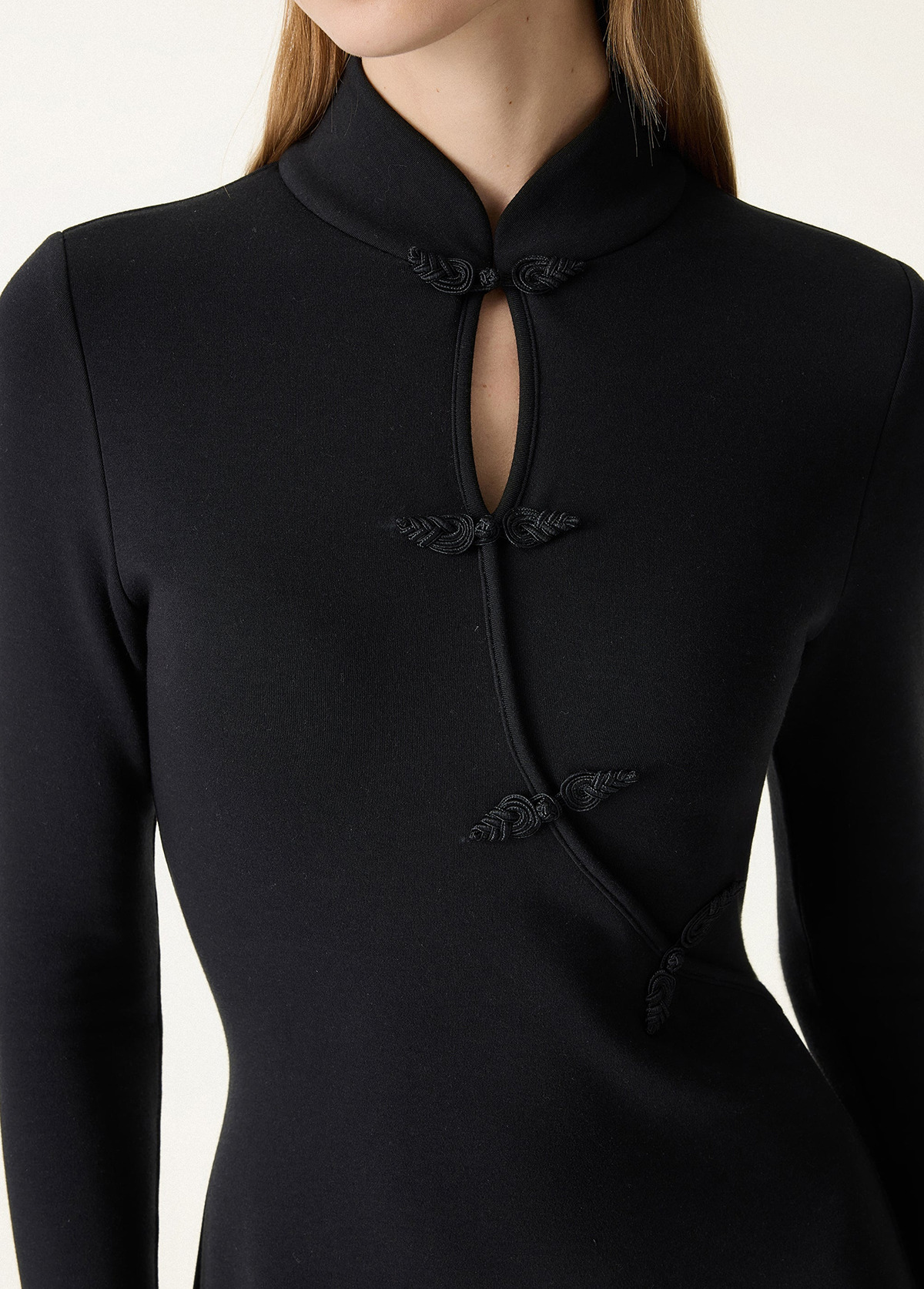 Waisted Slimming Standout Mandarin Collar Frog Button Midi Brami Dress