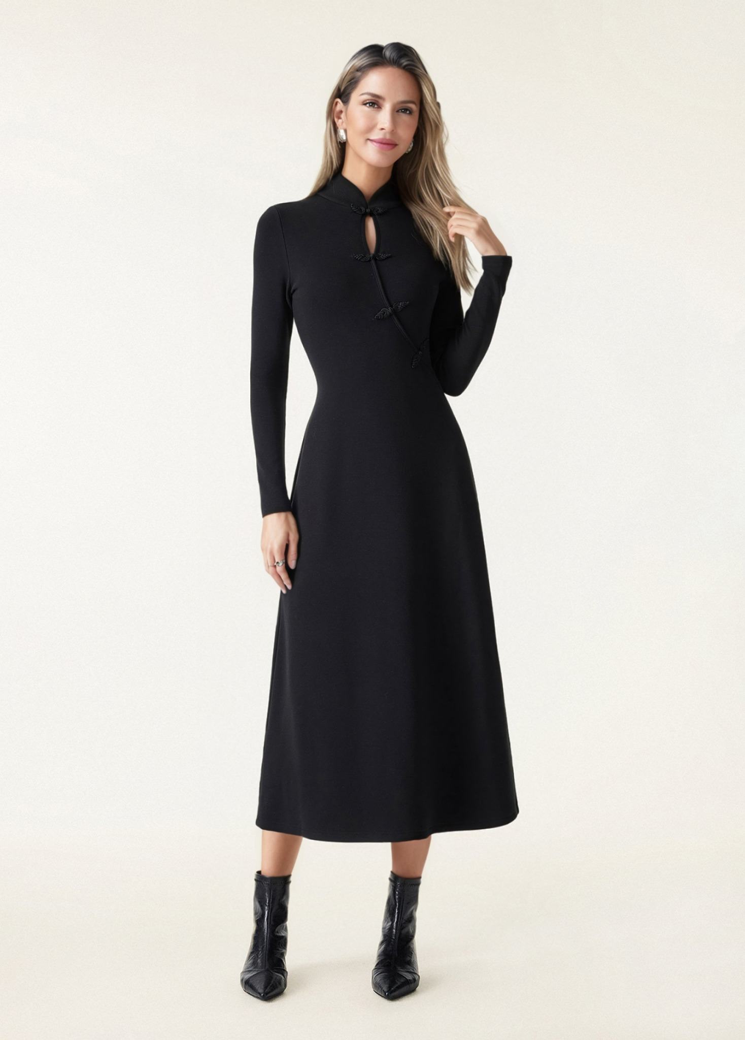 Waisted Slimming Standout Mandarin Collar Frog Button Midi Brami Dress