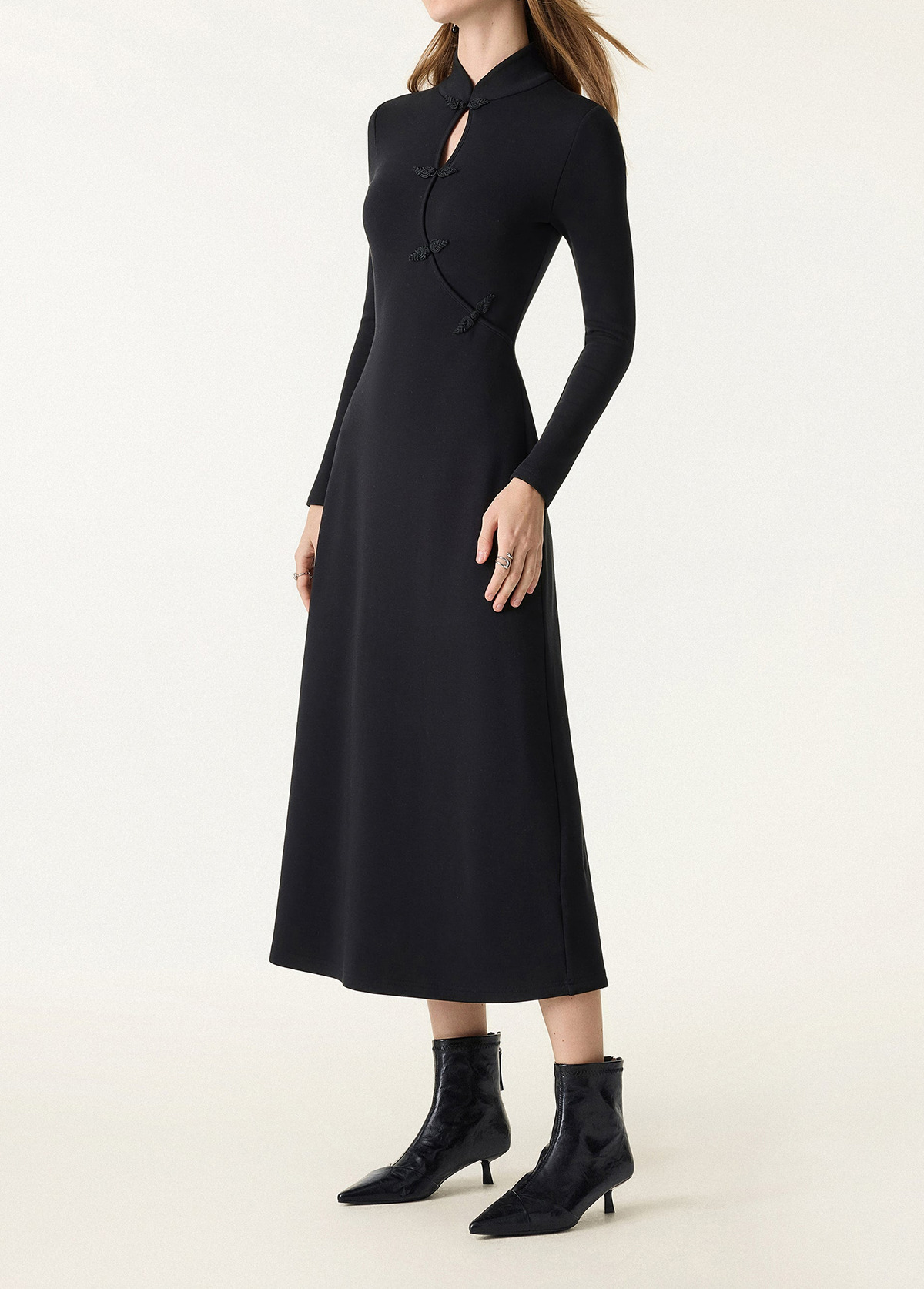 Waisted Slimming Standout Mandarin Collar Frog Button Midi Brami Dress