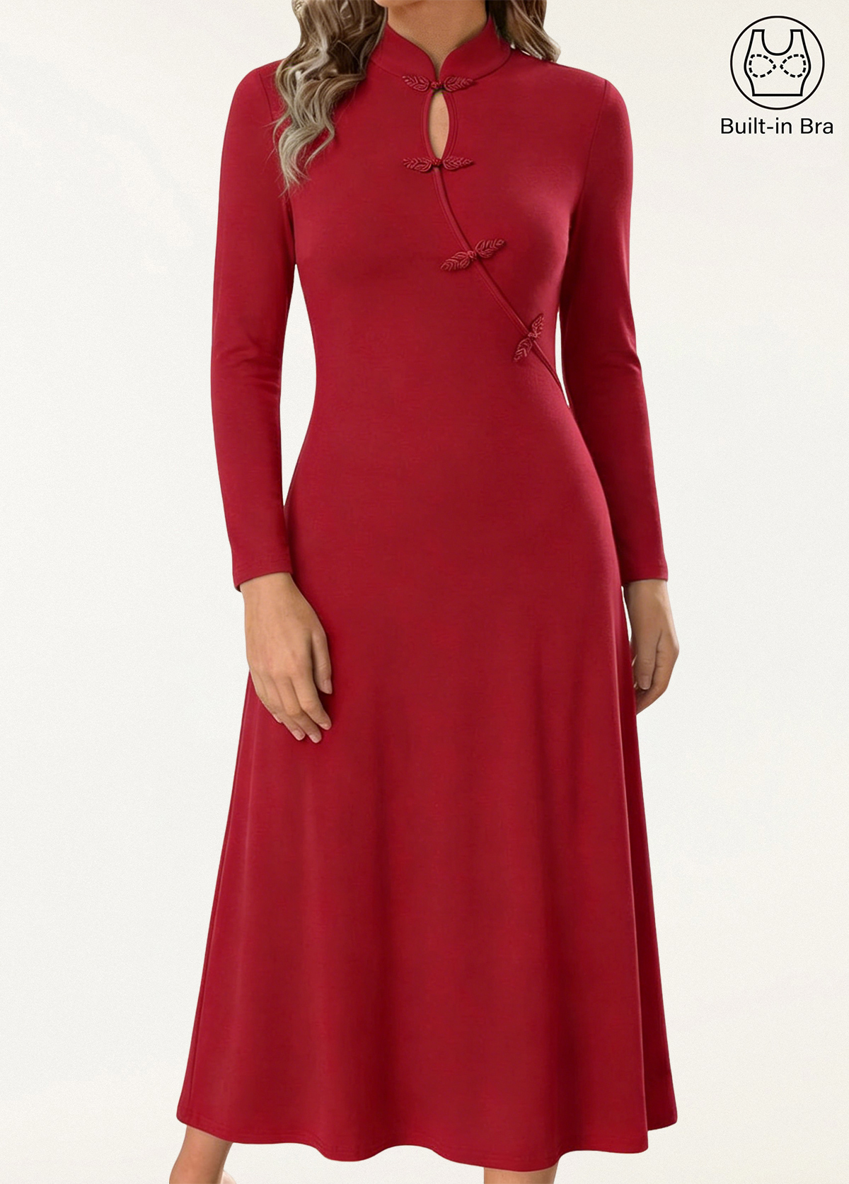 Waisted Slimming Standout Mandarin Collar Frog Button Midi Brami Dress