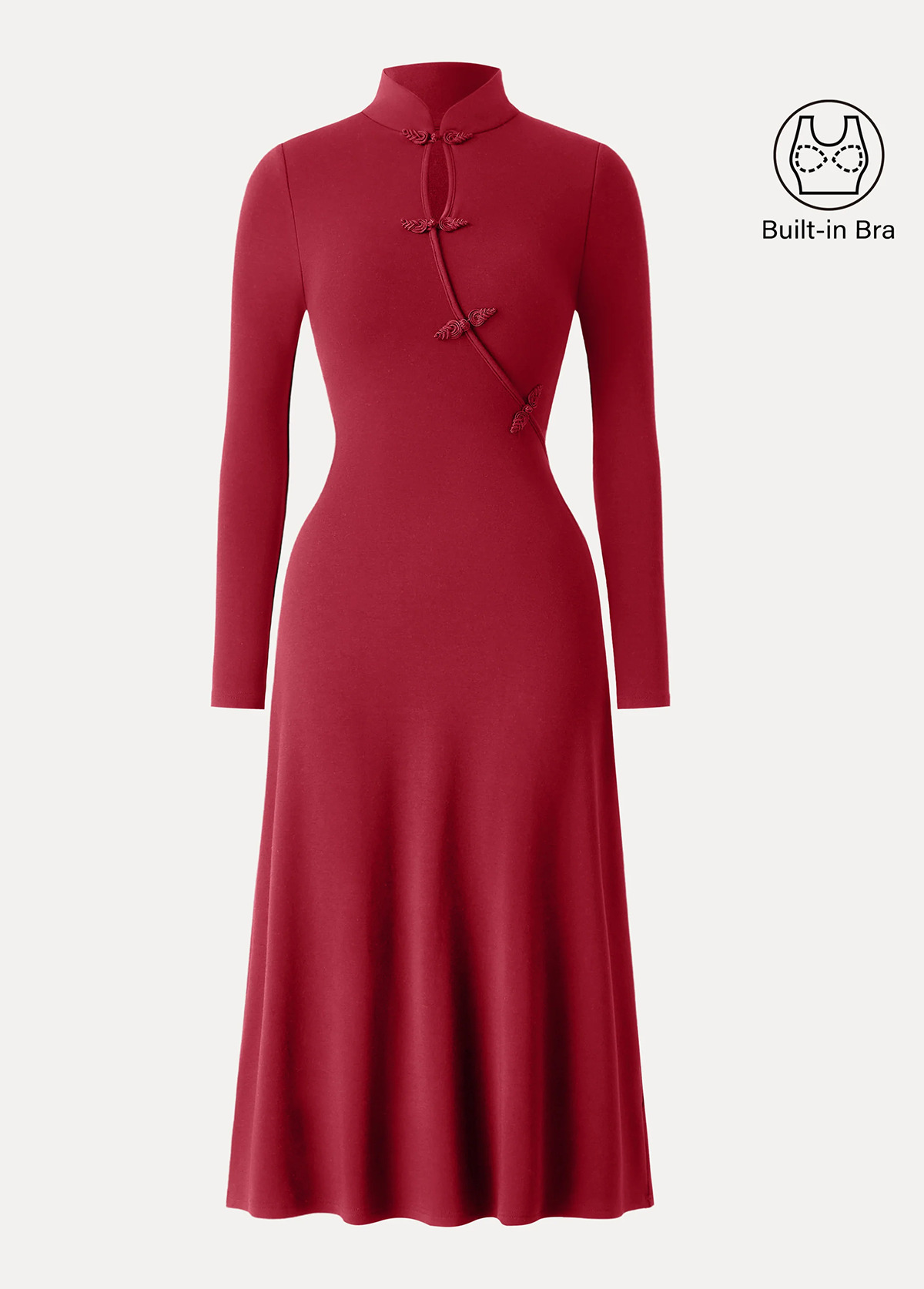 Waisted Slimming Standout Mandarin Collar Frog Button Midi Brami Dress