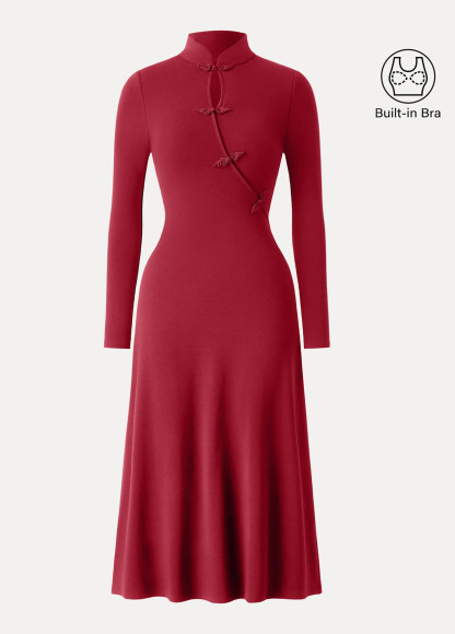 Waisted Slimming Standout Mandarin Collar Frog Button Midi Brami Dress