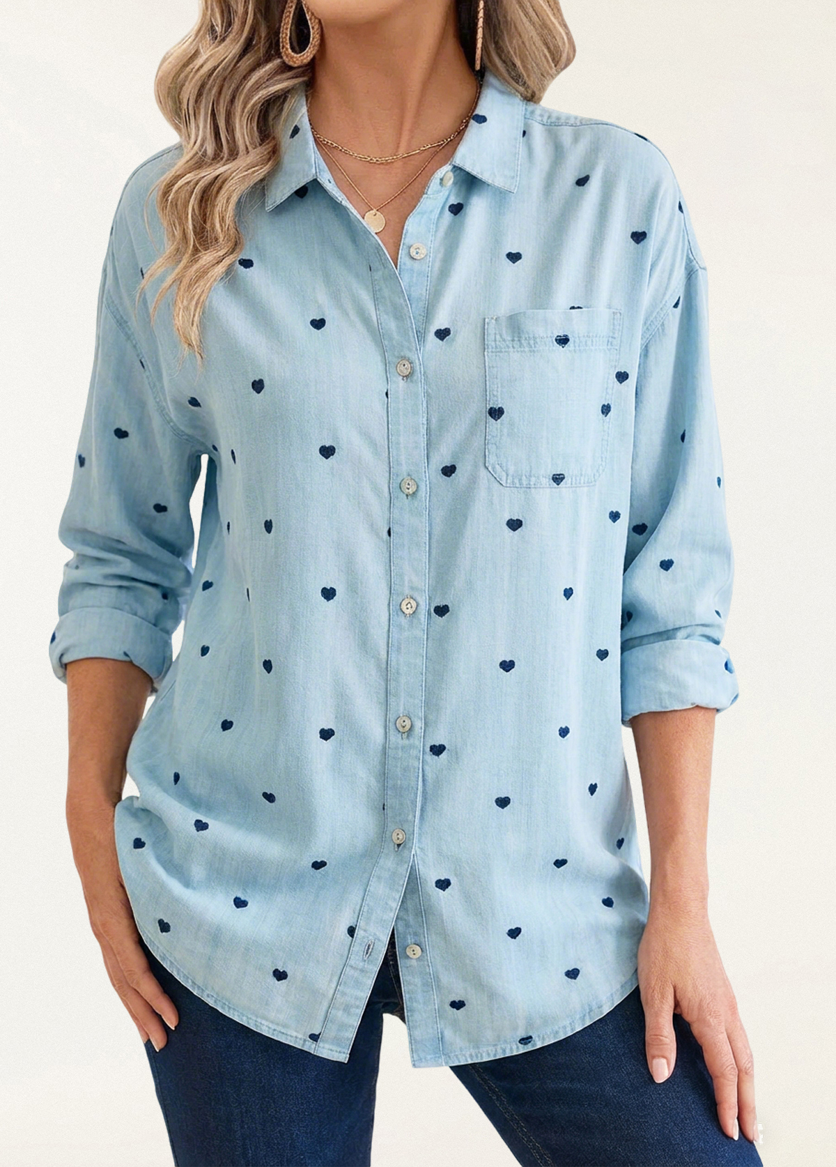 Women's top | Valentine'S Day Heart Embroidery Long Sleeve Tencel Big Shirt |ladyboutiquebd