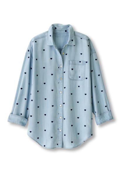 Valentine'S Day Heart Embroidery Long Sleeve Tencel Big Shirt