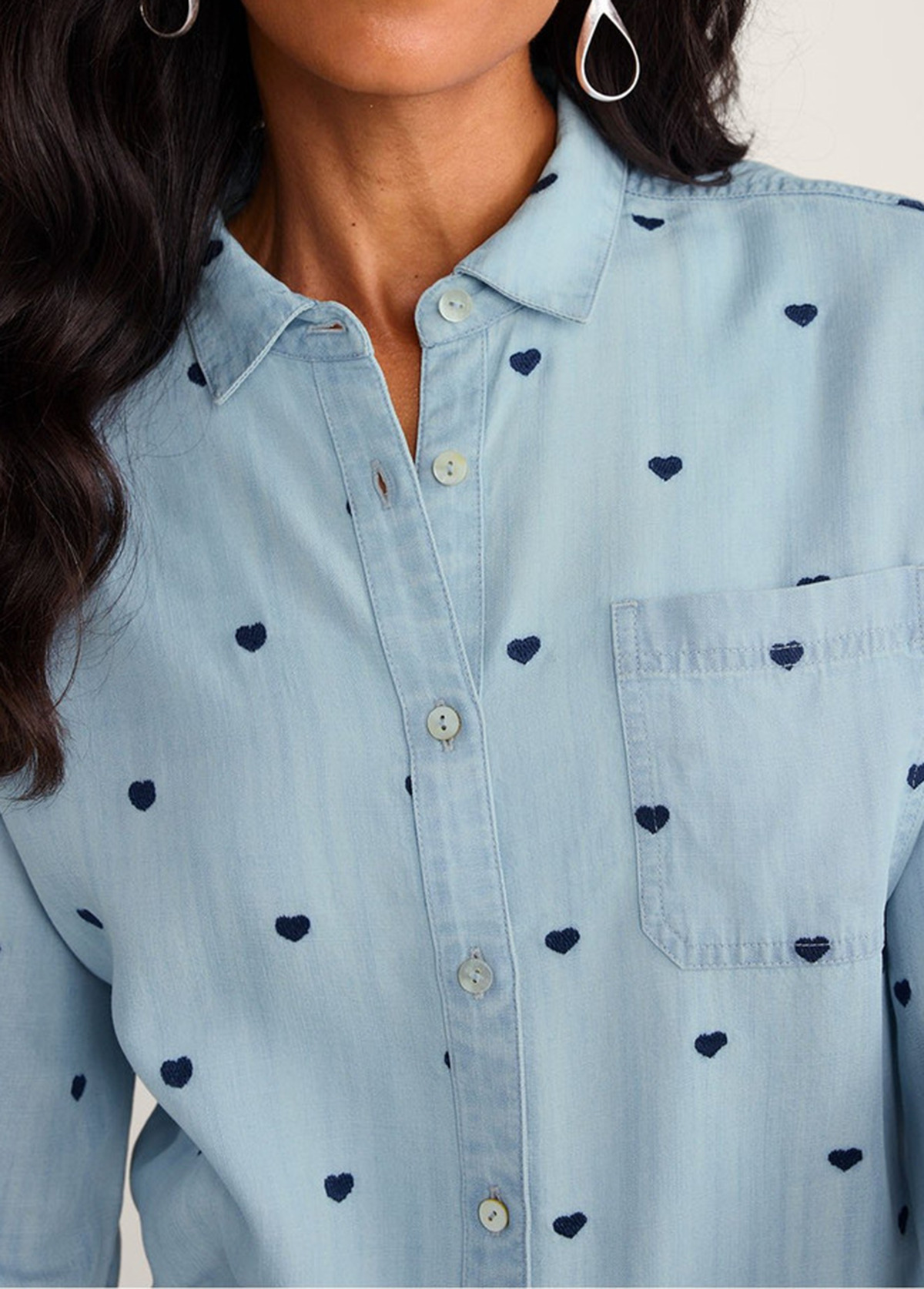 Valentine'S Day Heart Embroidery Long Sleeve Tencel Big Shirt