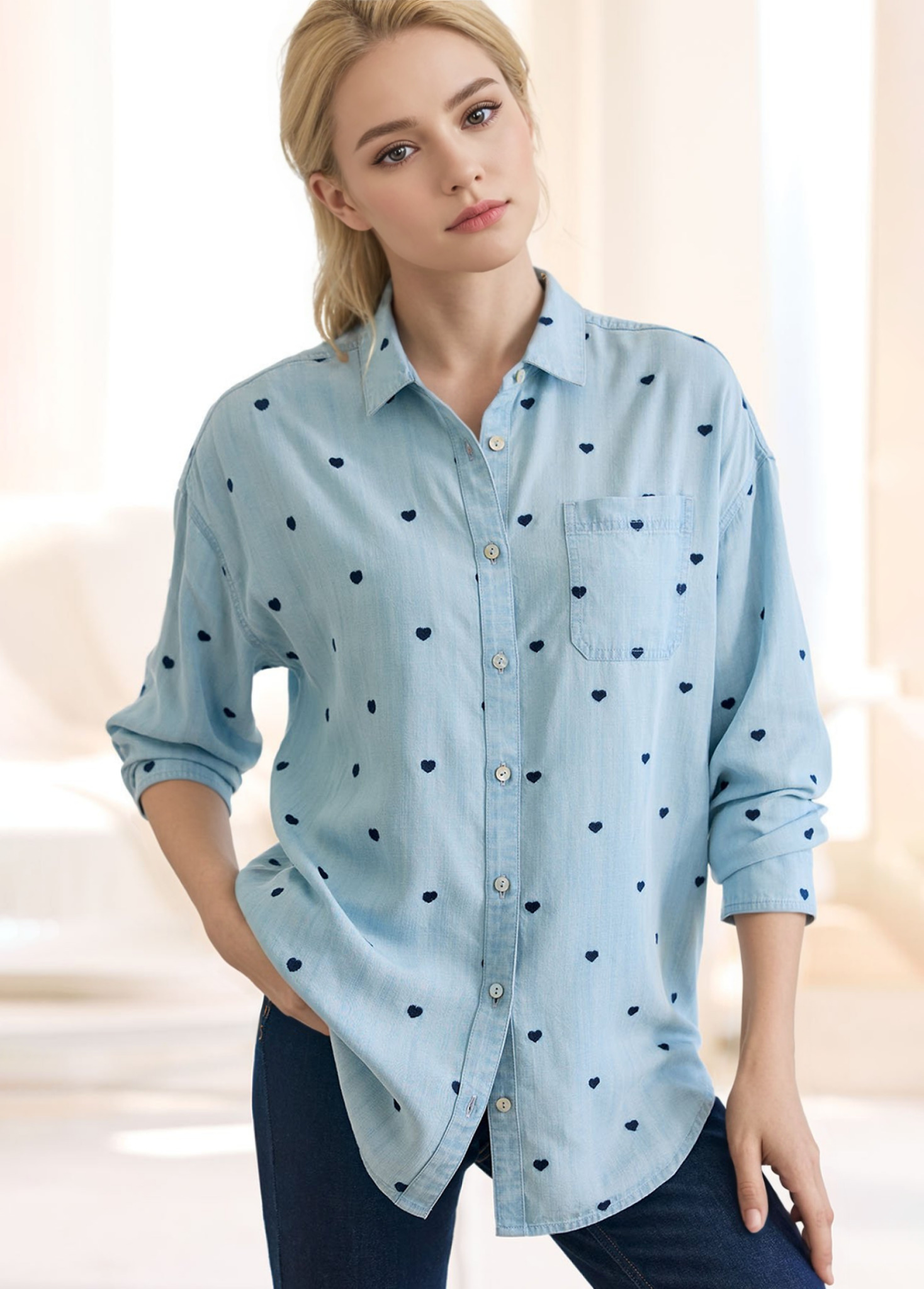 Valentine'S Day Heart Embroidery Long Sleeve Tencel Big Shirt