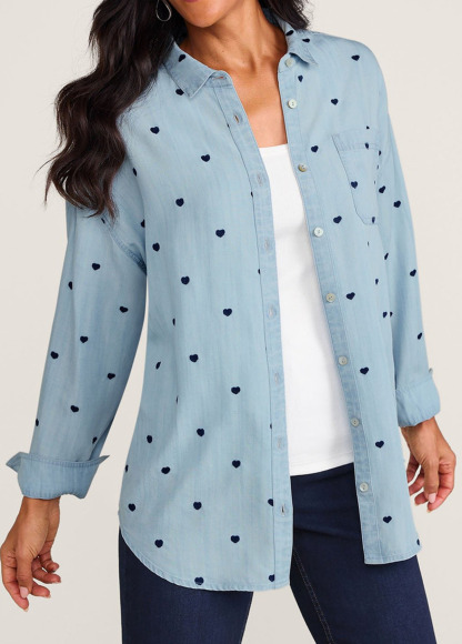 Valentine'S Day Heart Embroidery Long Sleeve Tencel Big Shirt