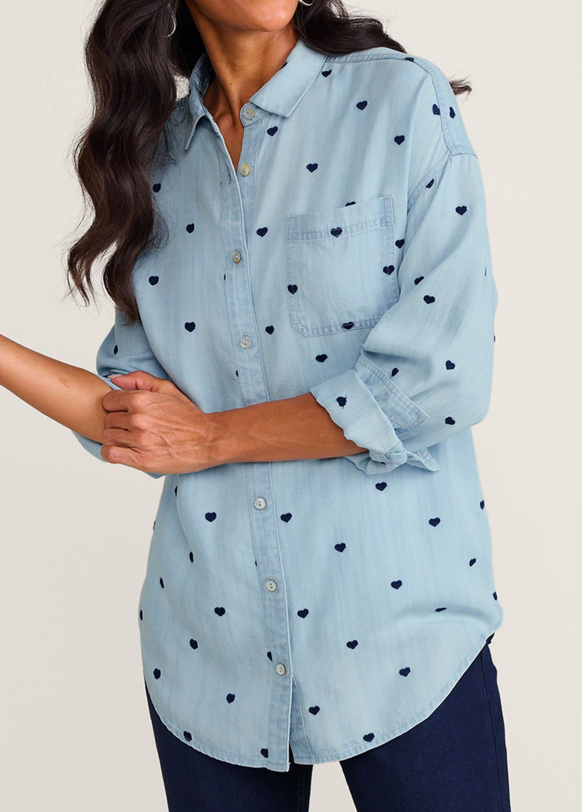 Valentine'S Day Heart Embroidery Long Sleeve Tencel Big Shirt