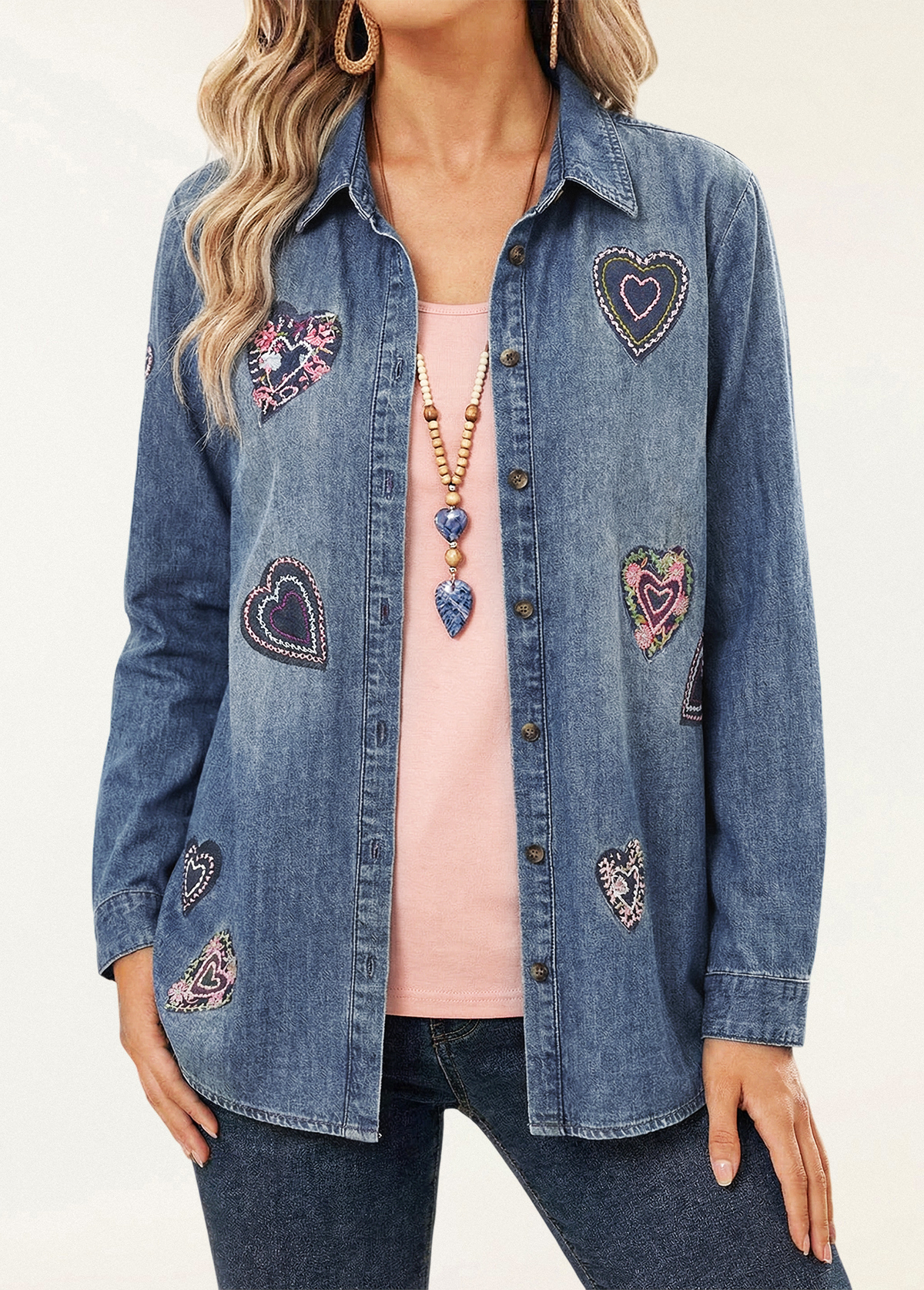 Be My Valentine Heart Embroidery Denim Shirt
