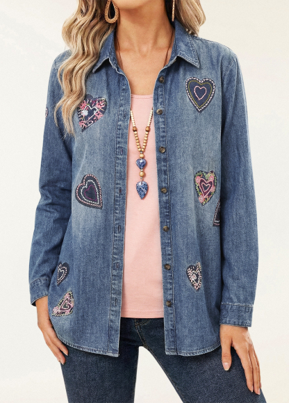 Be My Valentine Heart Embroidery Denim Shirt