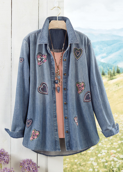Be My Valentine Heart Embroidery Denim Shirt
