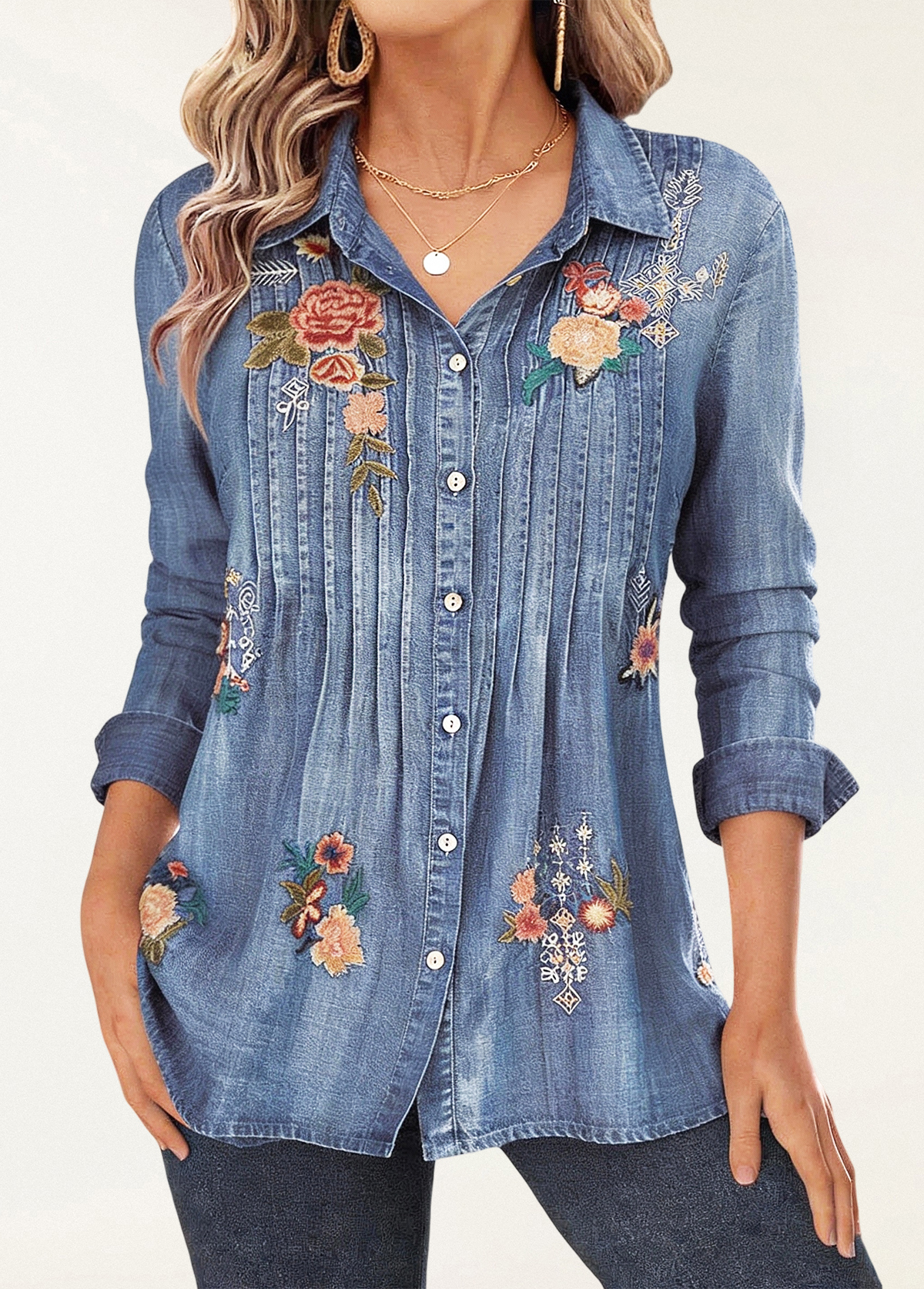 Women's top | Slimming Floral Embroidery Pintucked Tencel Top |ladyboutiquebd