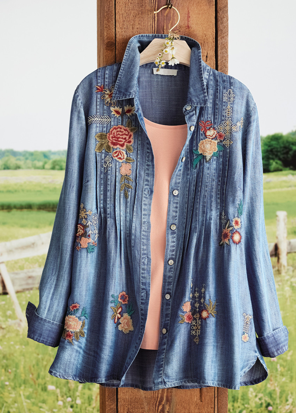 Slimming Floral Embroidery Pintucked Tencel Top