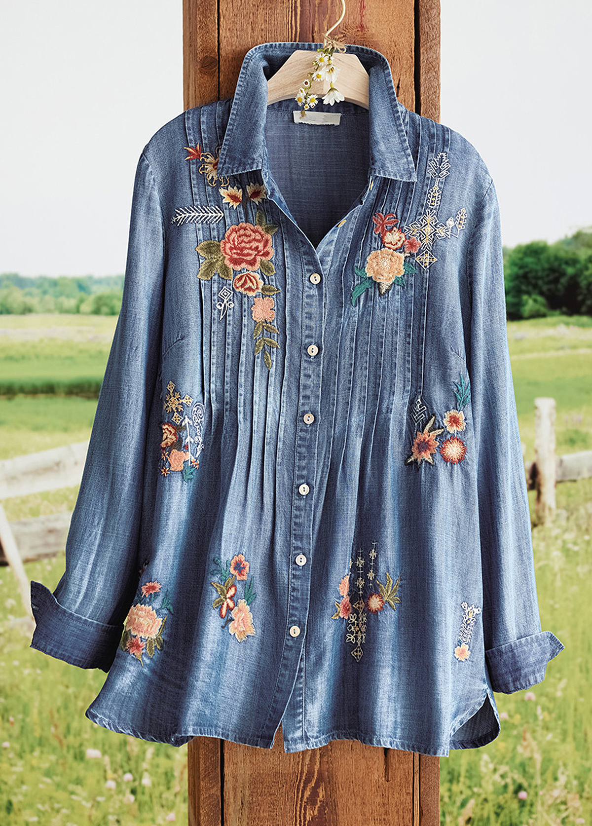 Slimming Floral Embroidery Pintucked Tencel Top