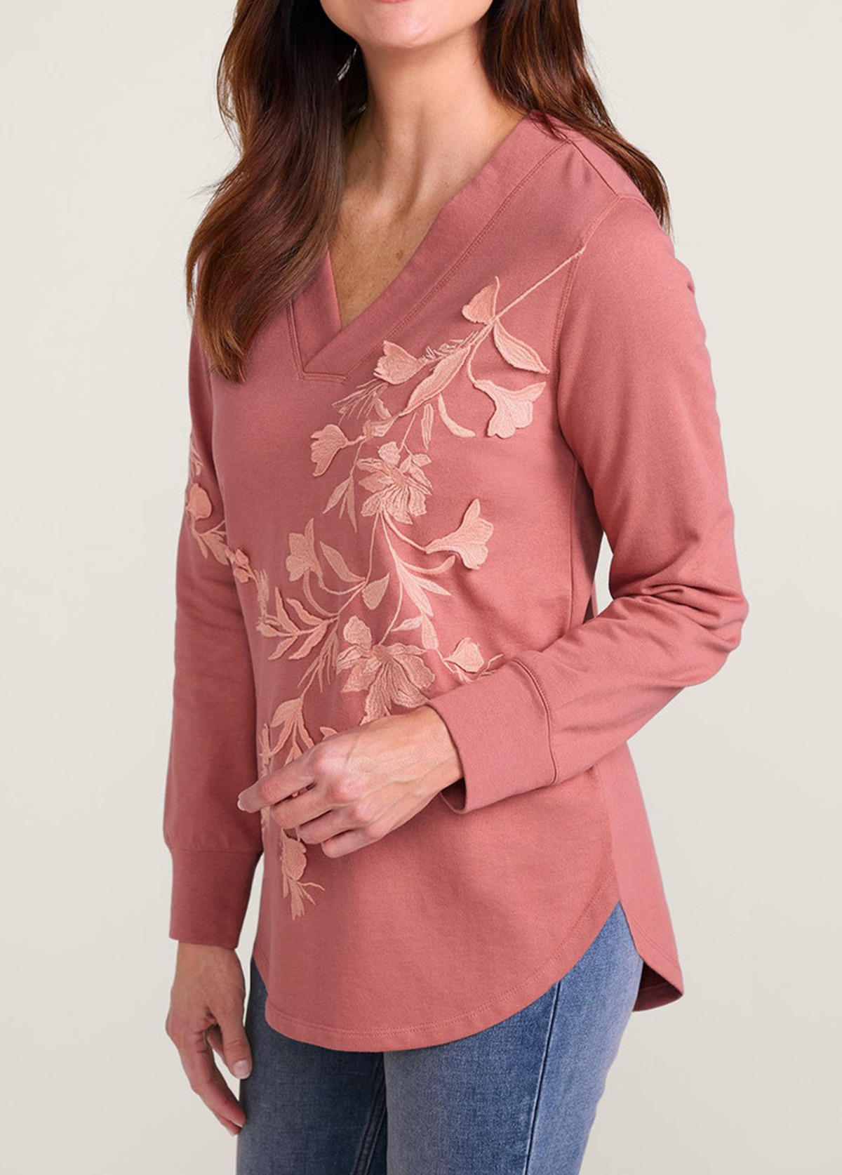 Embroidered Flowers V Neck Waisted Slimming Tunic