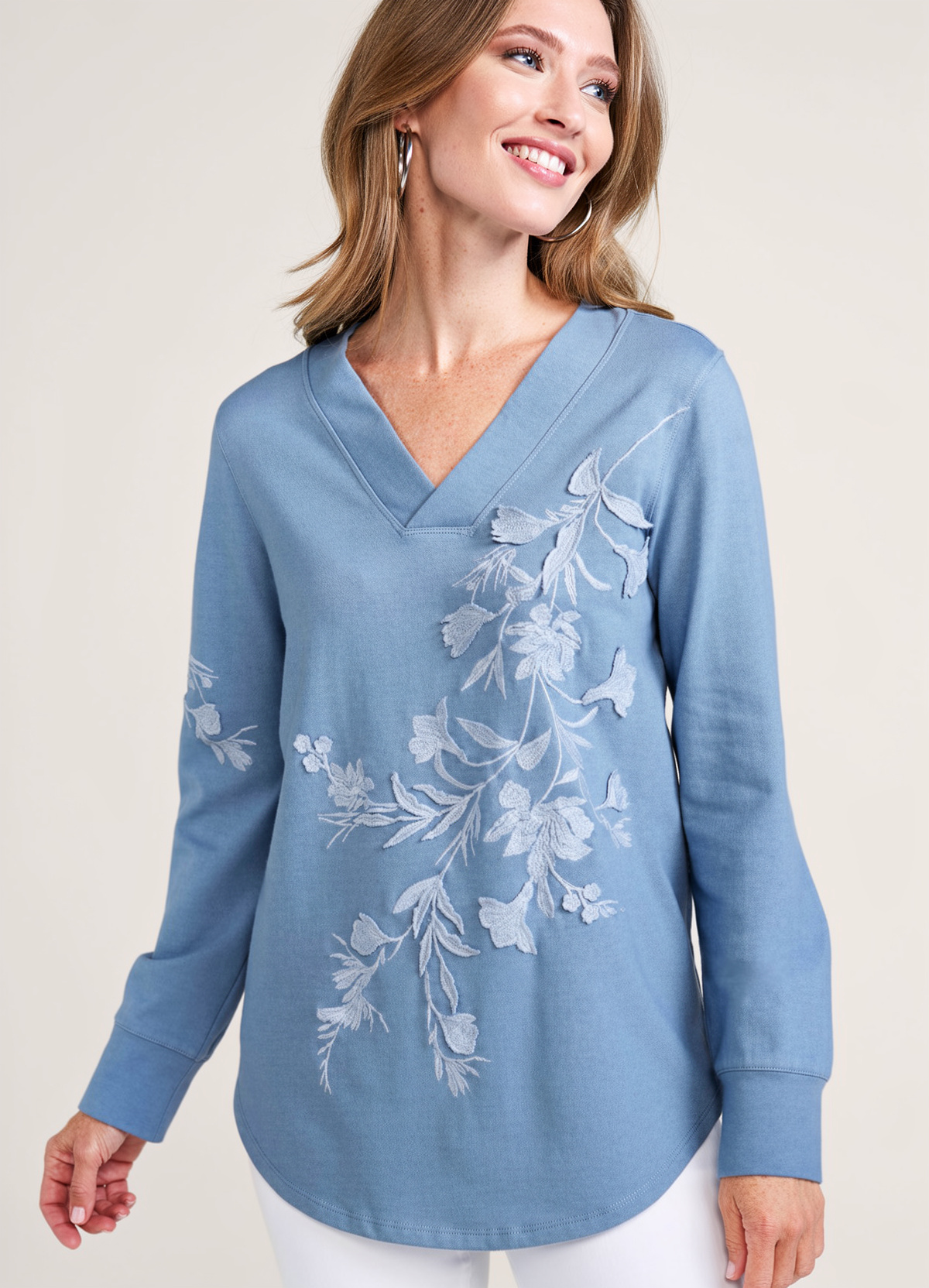 Embroidered Flowers V Neck Waisted Slimming Tunic