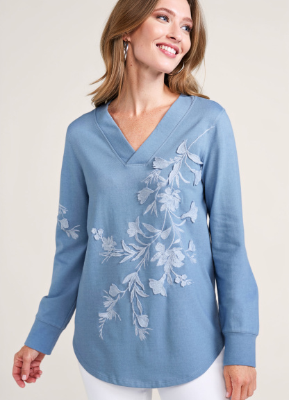 Embroidered Flowers V Neck Waisted Slimming Tunic