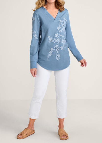 Embroidered Flowers V Neck Waisted Slimming Tunic