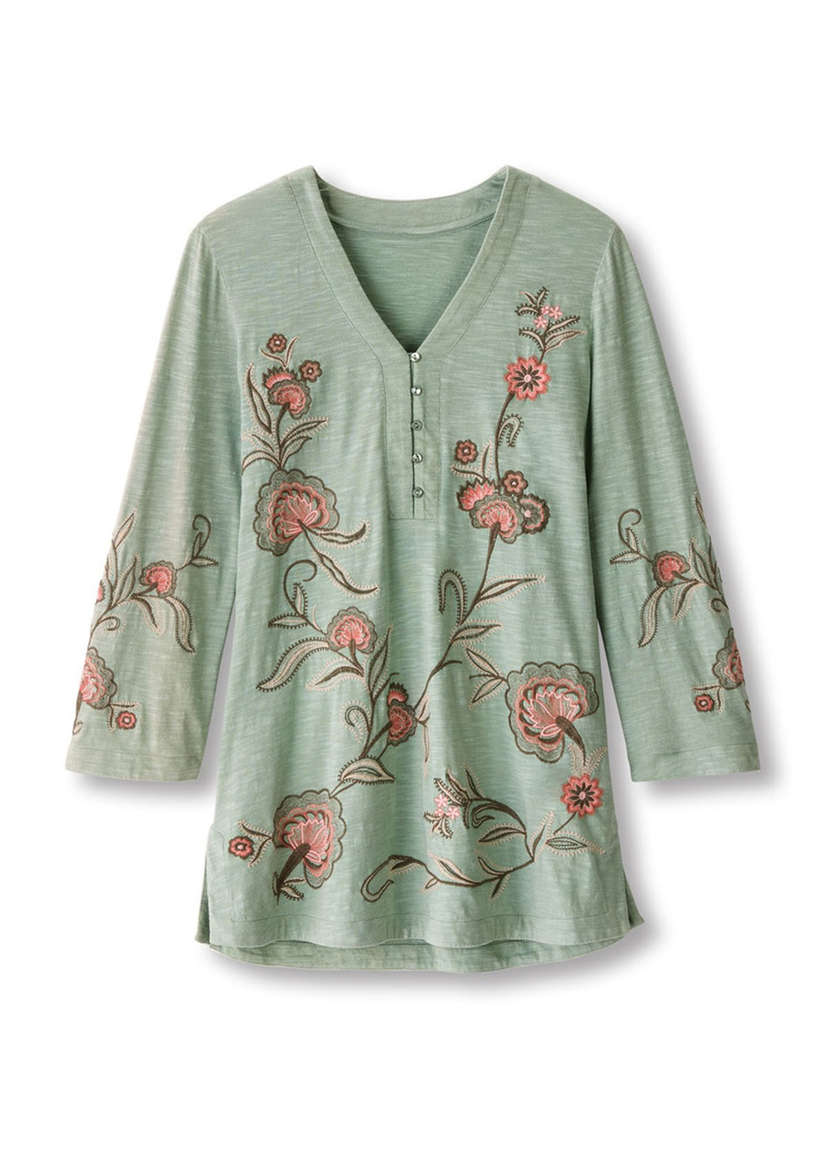 Waisted Slimming Embroidered V-Neck Tunic