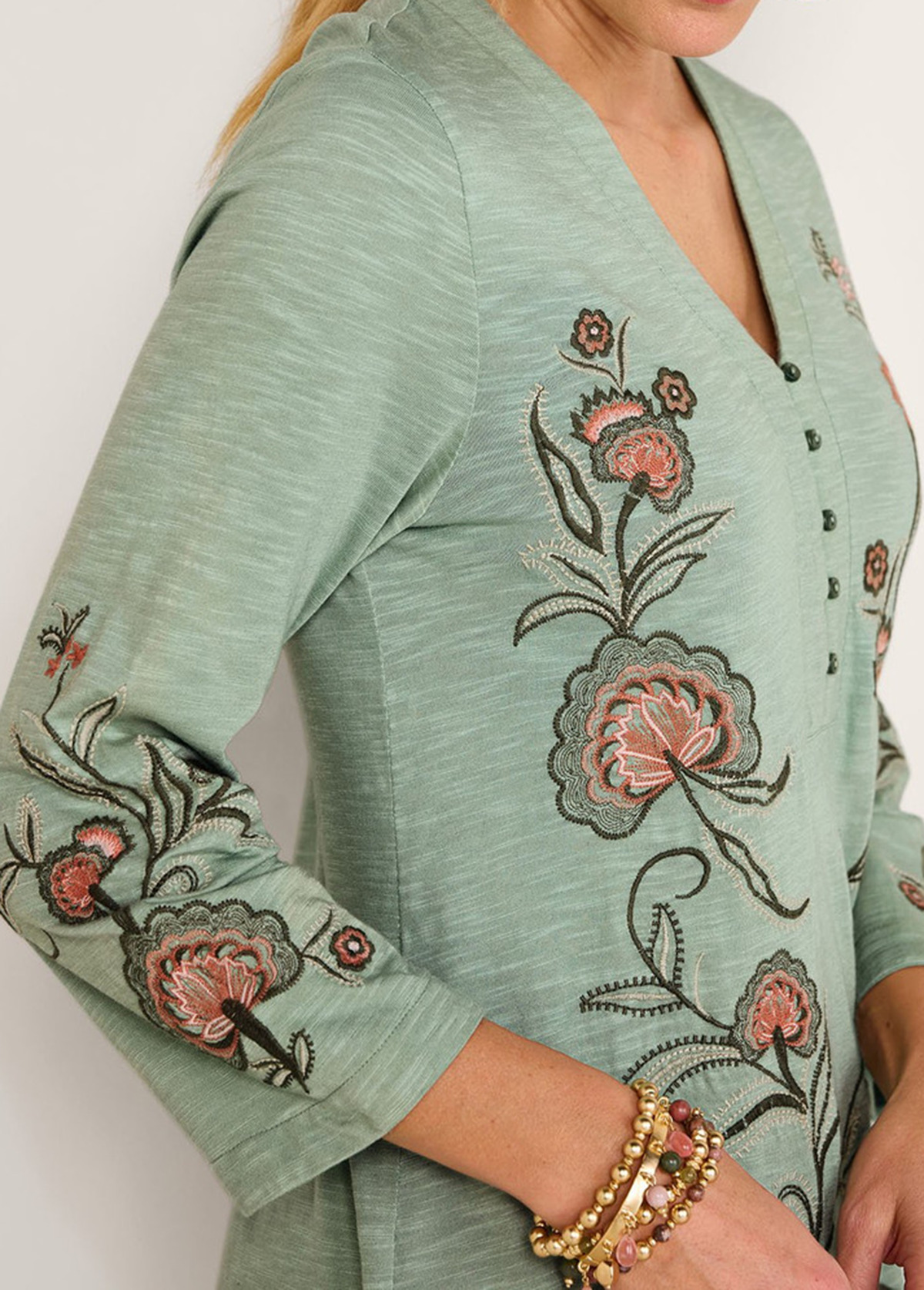 Waisted Slimming Embroidered V-Neck Tunic