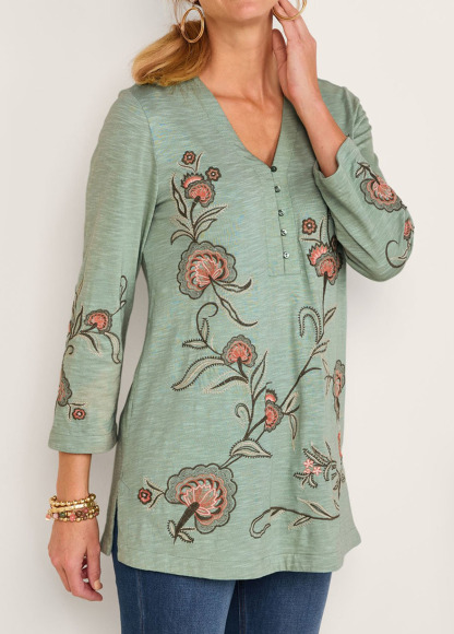 Waisted Slimming Embroidered V-Neck Tunic