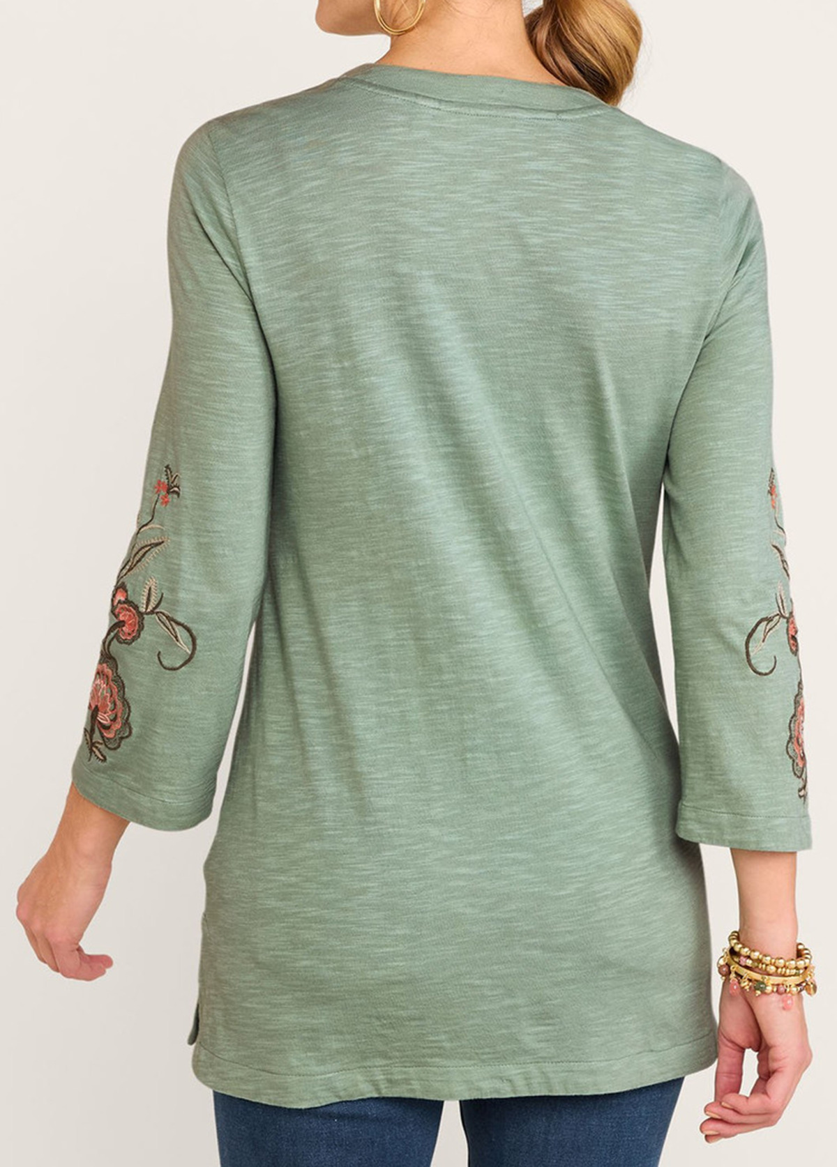 Waisted Slimming Embroidered V-Neck Tunic