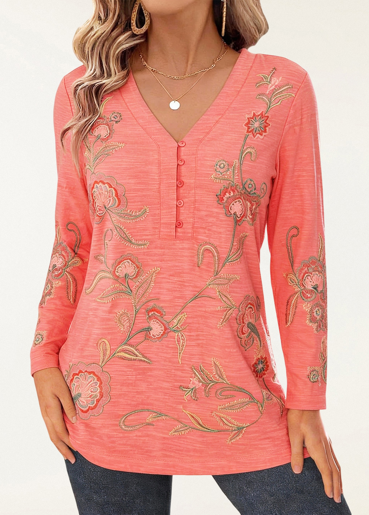 Waisted Slimming Embroidered V-Neck Tunic
