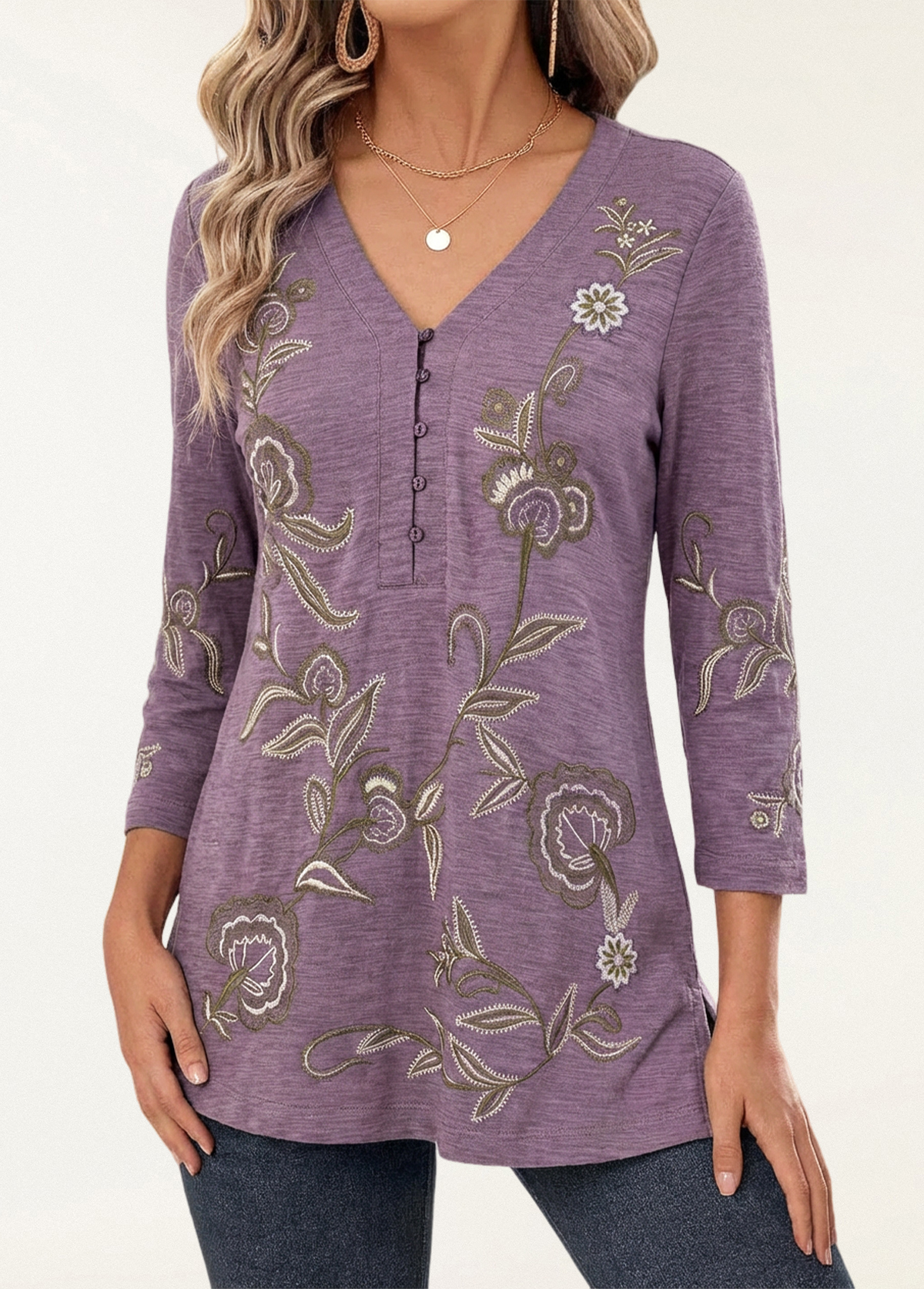 Waisted Slimming Embroidered V-Neck Tunic