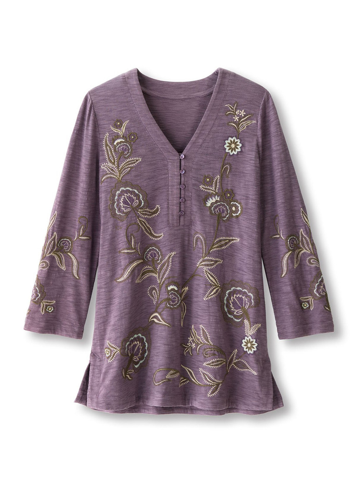 Waisted Slimming Embroidered V-Neck Tunic