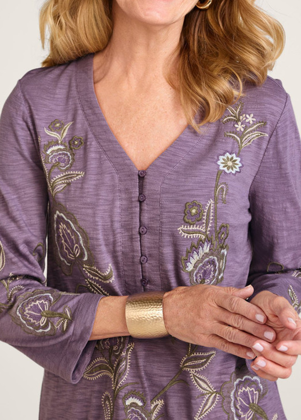 Waisted Slimming Embroidered V-Neck Tunic