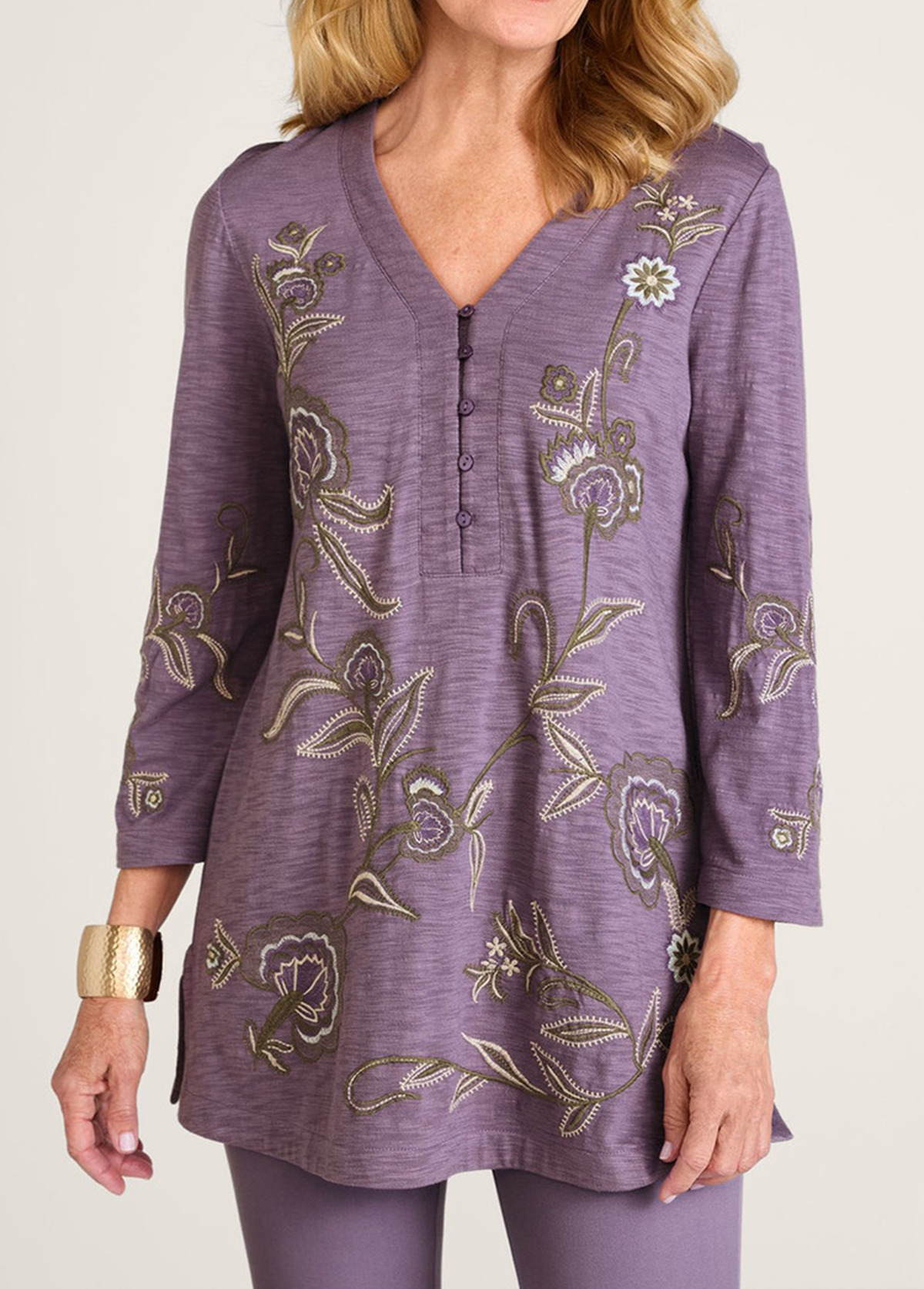 Waisted Slimming Embroidered V-Neck Tunic