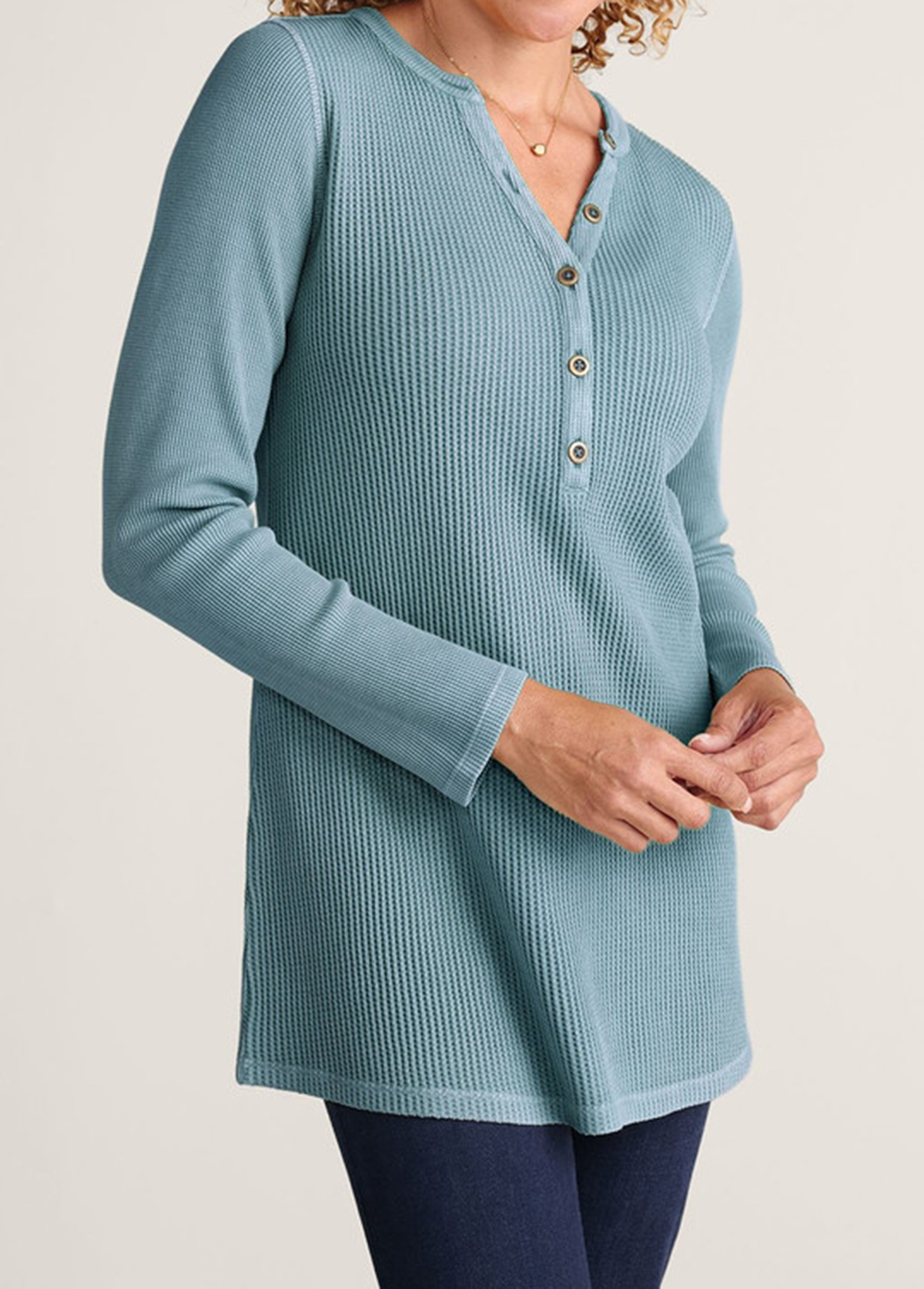 Waisted Slimming Embroidered Henley V-Neck Tunic