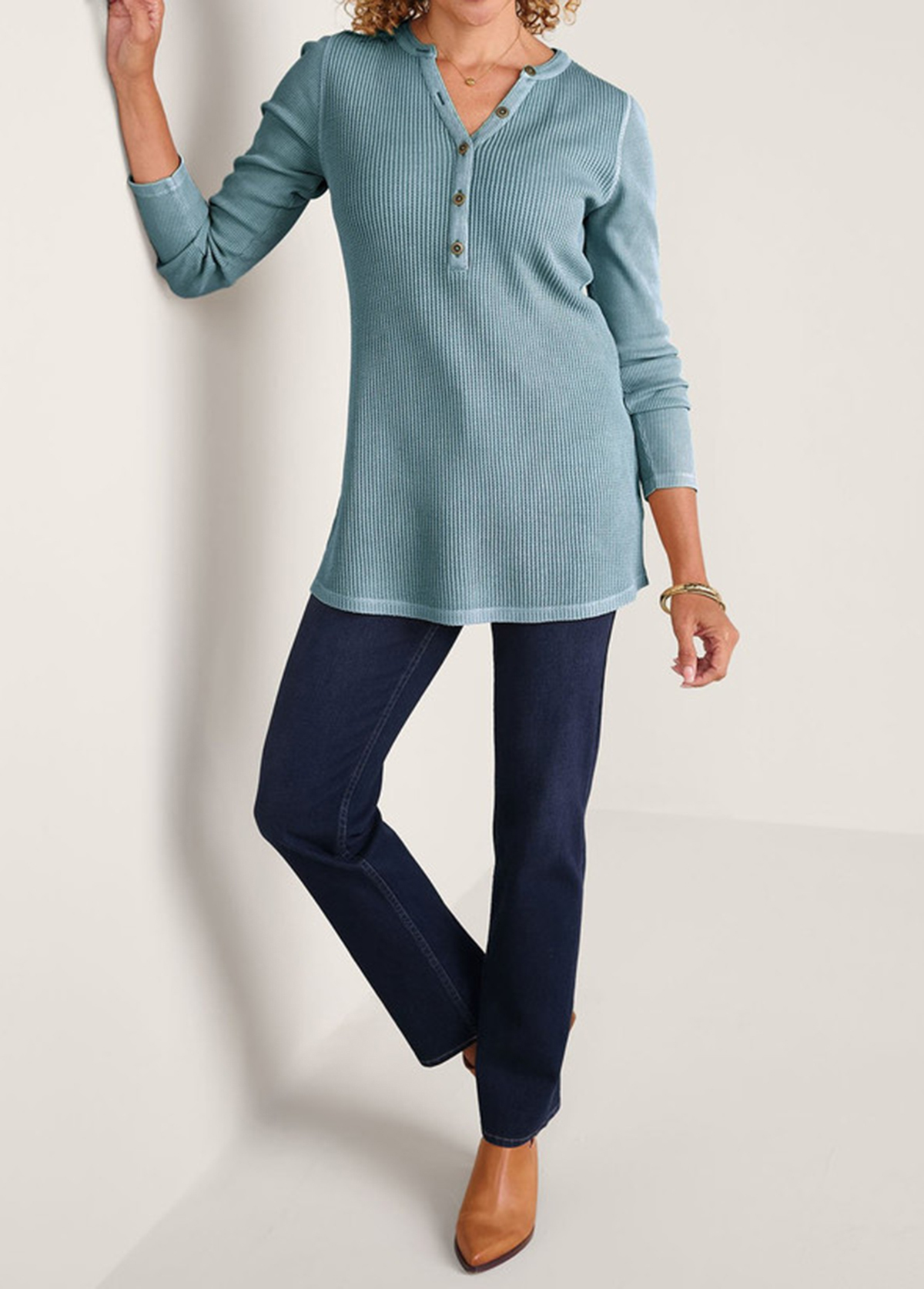 Waisted Slimming Embroidered Henley V-Neck Tunic