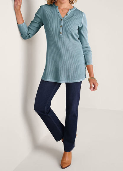Waisted Slimming Embroidered Henley V-Neck Tunic