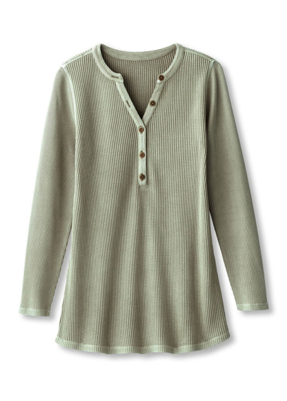 Waisted Slimming Embroidered Henley V-Neck Tunic