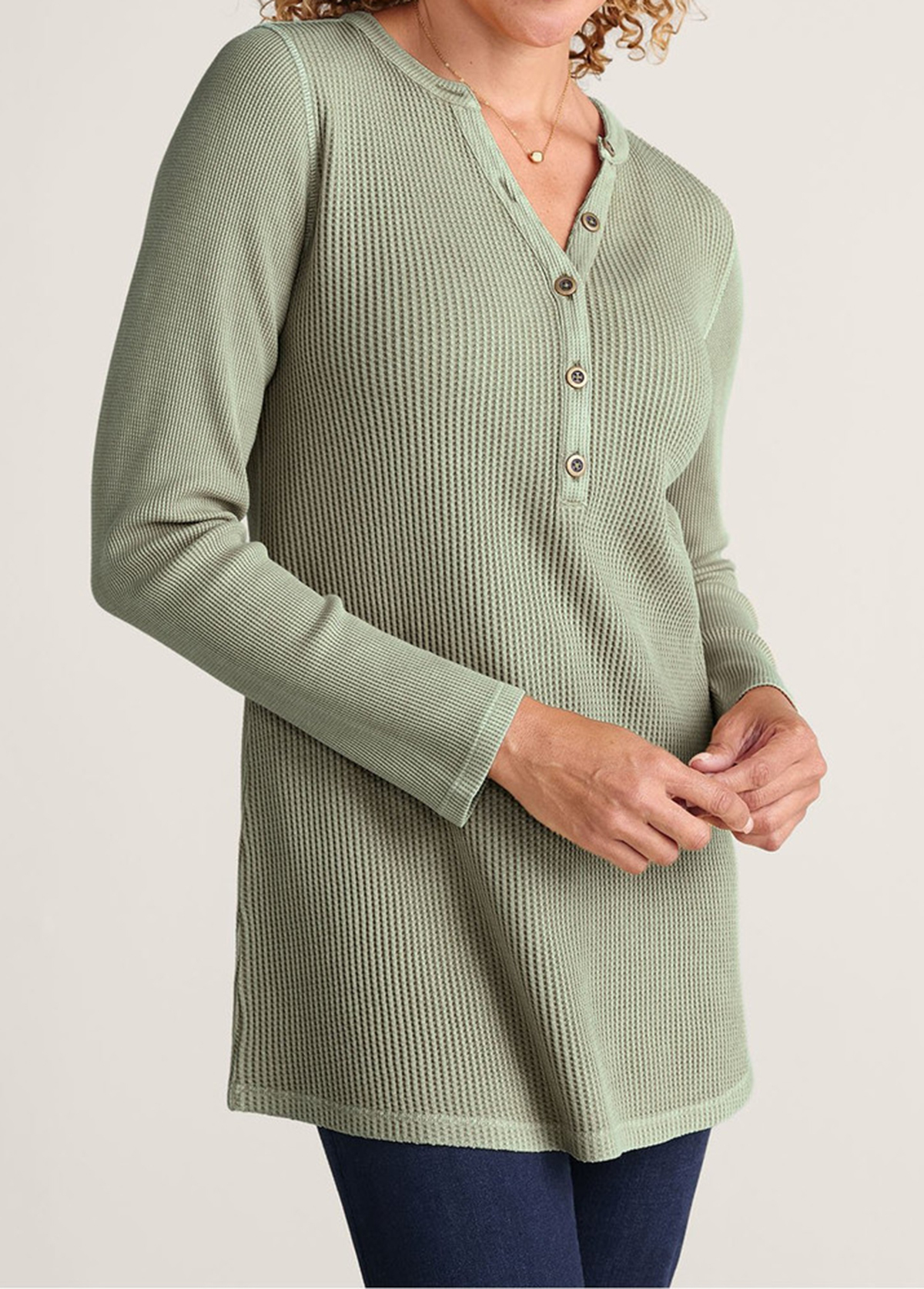 Waisted Slimming Embroidered Henley V-Neck Tunic