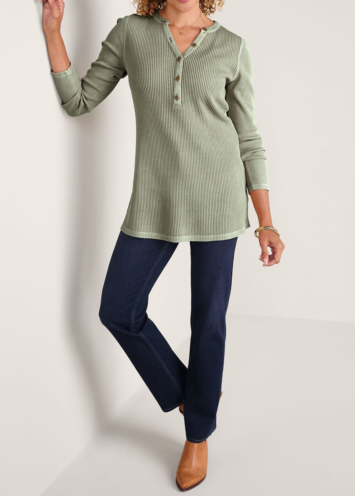 Waisted Slimming Embroidered Henley V-Neck Tunic