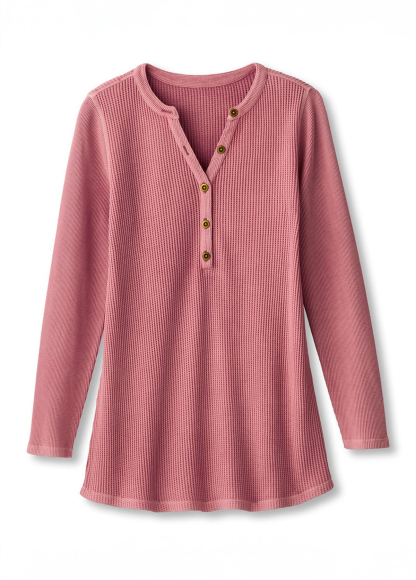 Waisted Slimming Embroidered Henley V-Neck Tunic