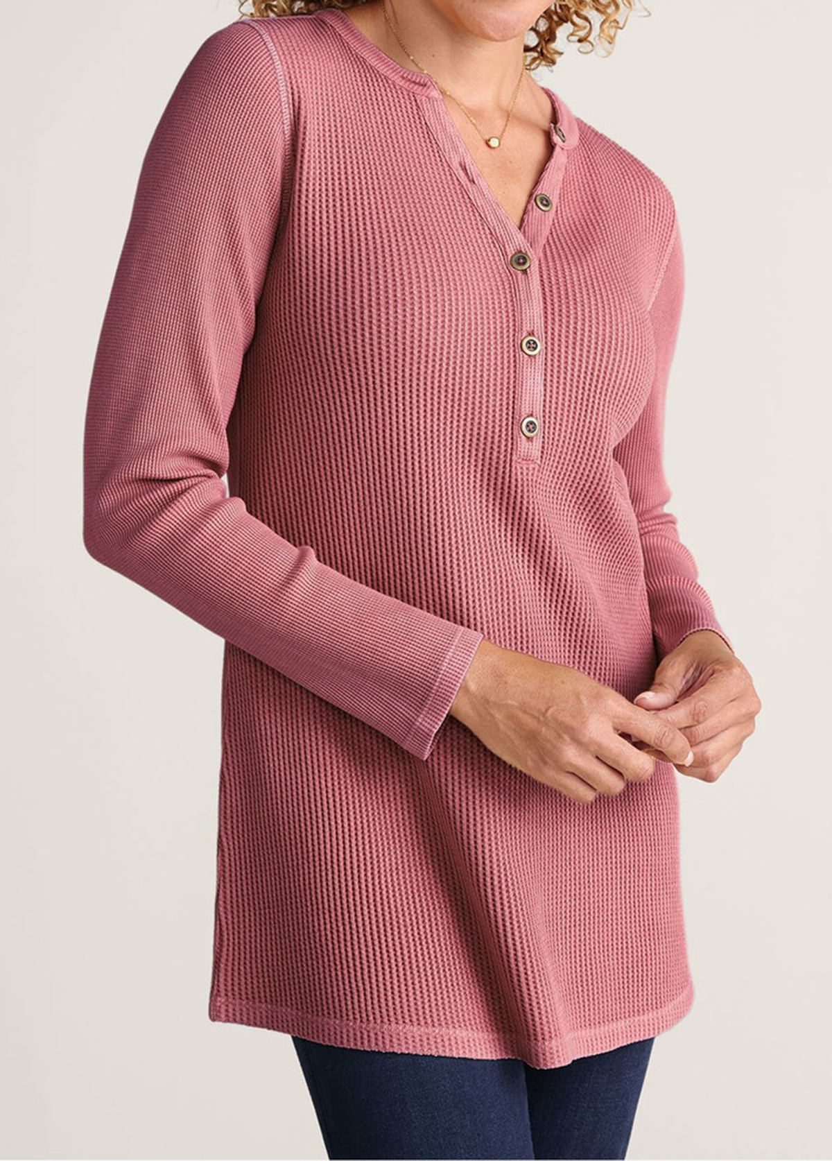 Waisted Slimming Embroidered Henley V-Neck Tunic