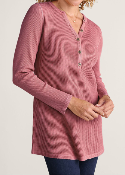 Waisted Slimming Embroidered Henley V-Neck Tunic