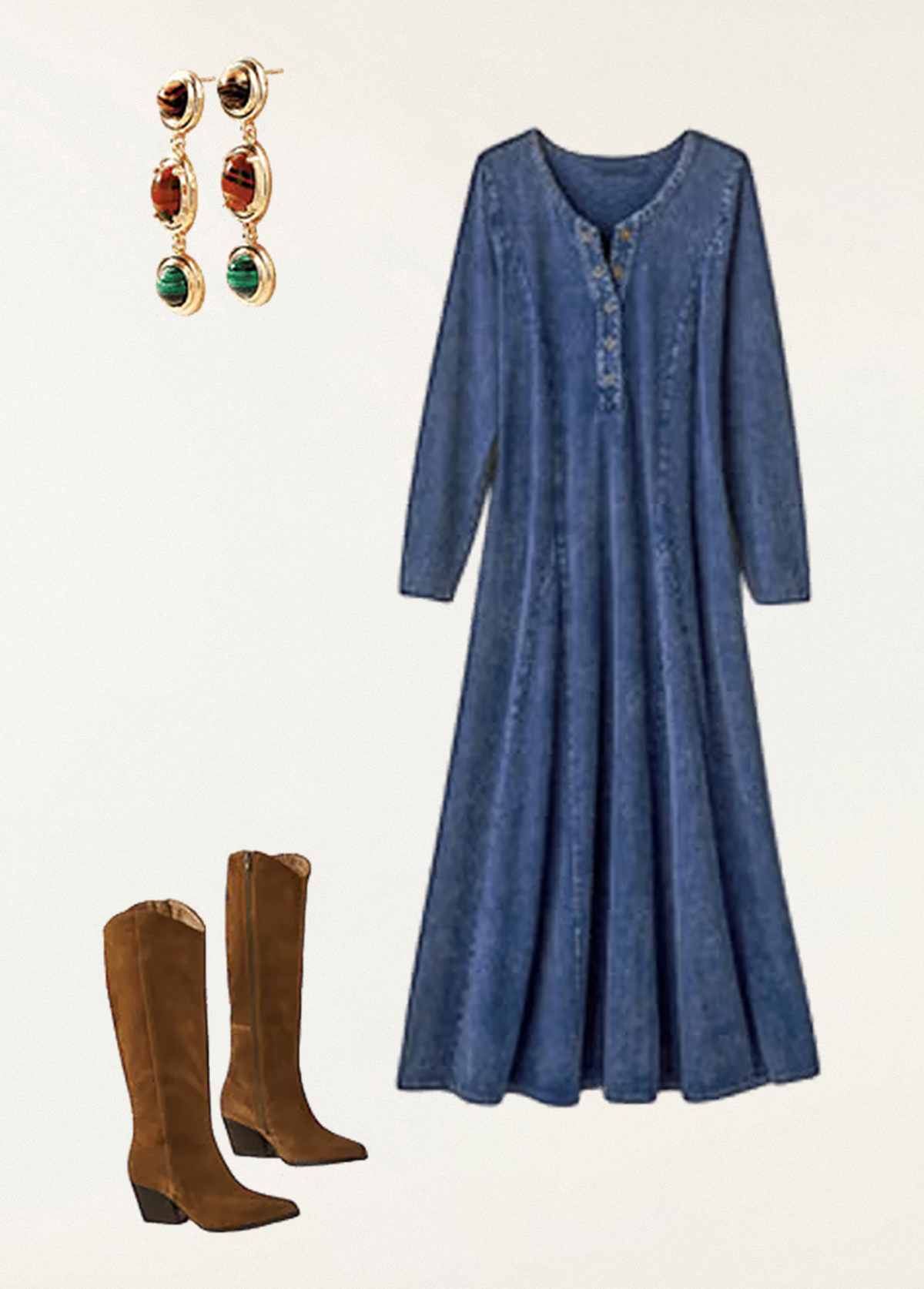 Waisted Slimming Knit Denim Maxi Dress