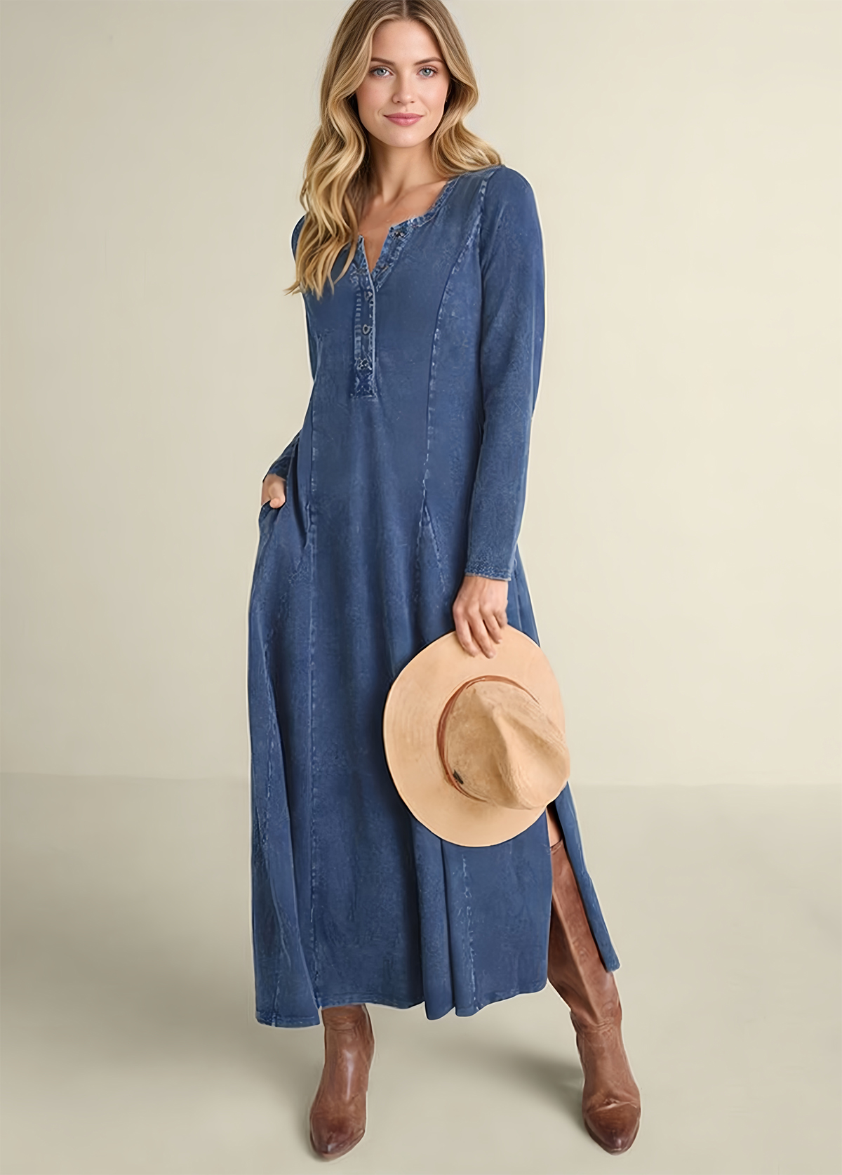 Waisted Slimming Knit Denim Maxi Dress