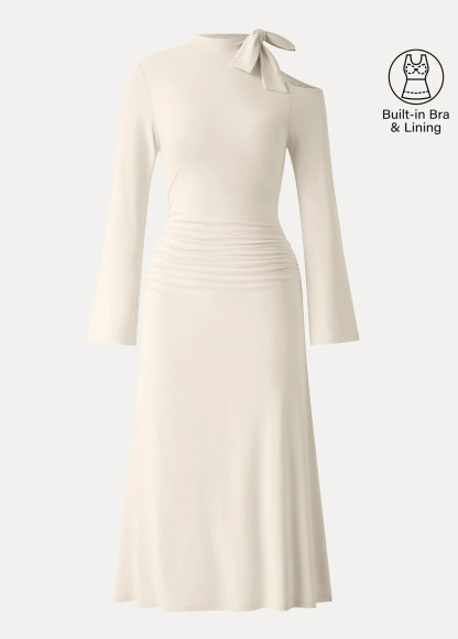 Waisted Slimming Mockneck Cutout Shoulder Ruched Brami Dress