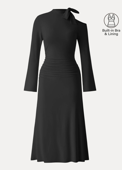 Waisted Slimming Mockneck Cutout Shoulder Ruched Brami Dress