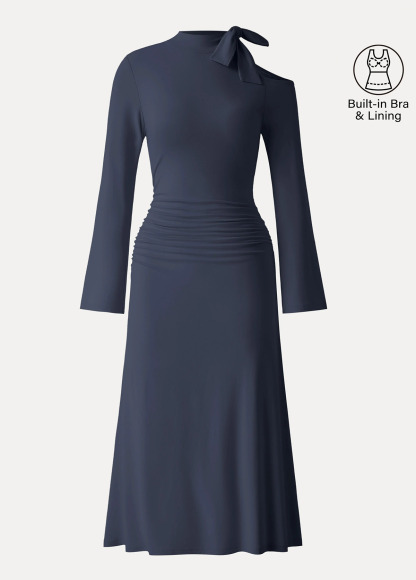 Waisted Slimming Mockneck Cutout Shoulder Ruched Brami Dress