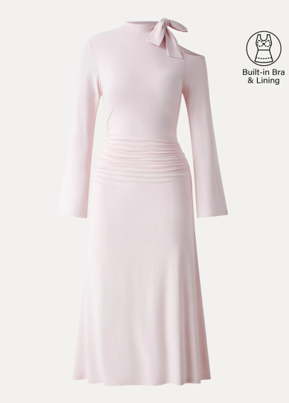 Waisted Slimming Mockneck Cutout Shoulder Ruched Brami Dress