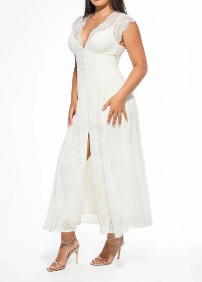 Built-In Bra Waisted Slimming Boho Floral Lace Front Slit Maxi Dress