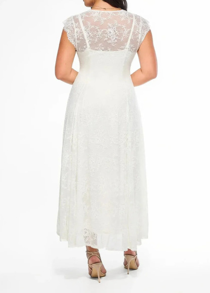 Built-In Bra Waisted Slimming Boho Floral Lace Front Slit Maxi Dress